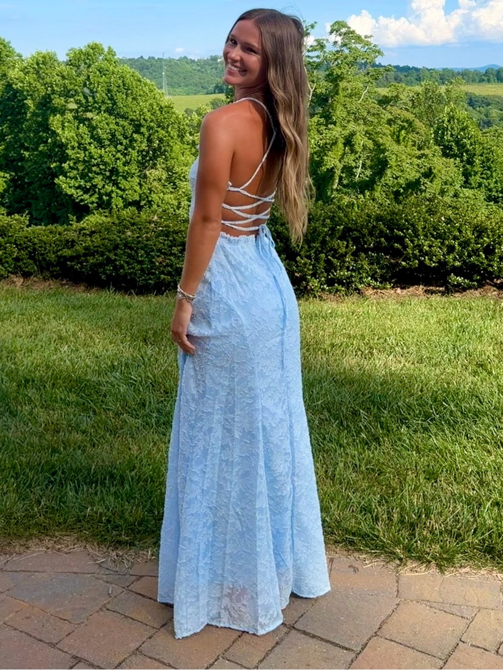 Light Blue Lace Spaghetti Strap Evening Gown